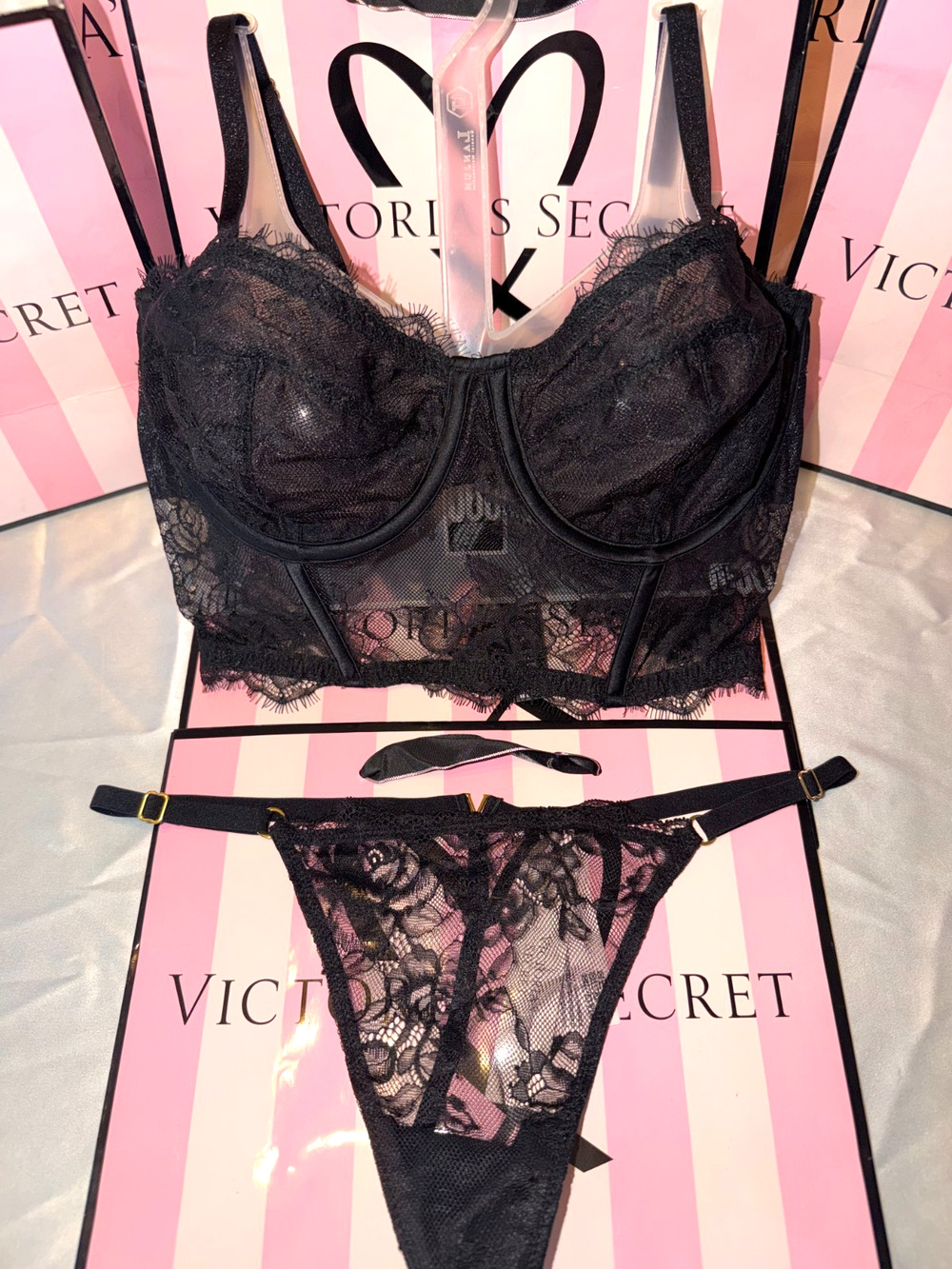Victoria's Secret VS Archives Corset Bra Top & Thong 34C Small Black Lace
